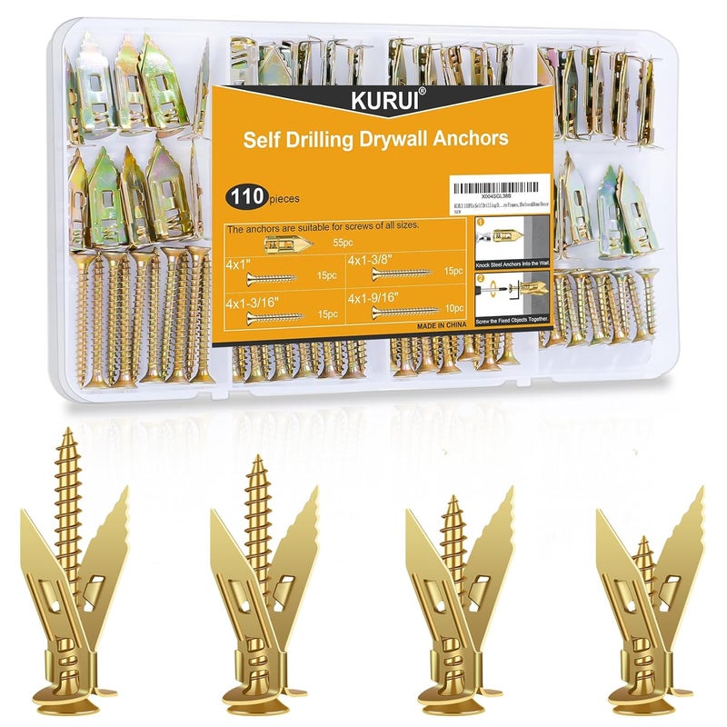 KURUI 110Pcs Self Drilling Drywall Anchors with Screws Kit, Metal & Heavy Duty Grip Anchors for Wall, Sheetrock, Assorted Sizes for Picture Frames, Shelves & Home Decor - Image 1